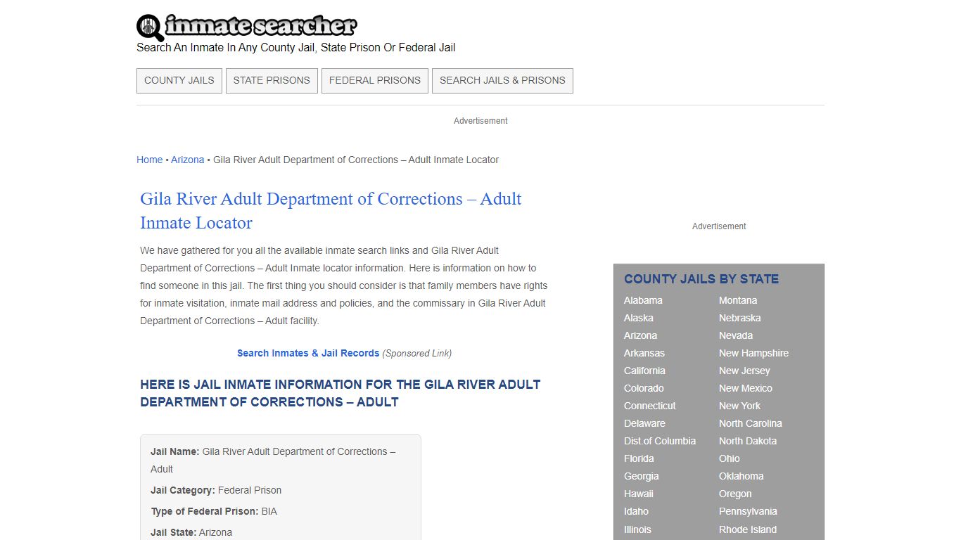 Gila River Adult Department of Corrections - Inmate Searcher